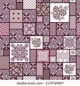 Vector abstract hand drawn seamless patchwork pattern with floral ornaments, stylized flowers, dots, plants and lace. Patchwork sewing