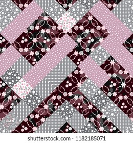 Vector abstract hand drawn seamless patchwork pattern with floral ornaments, stylized flowers, dots, plants and lace. Patchwork sewing