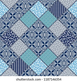 Vector abstract hand drawn seamless patchwork pattern with floral ornaments, stylized flowers, dots, plants and lace. Patchwork sewing