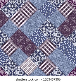 Vector abstract hand drawn seamless patchwork pattern with floral ornaments, stylized flowers, dots, plants and lace. Patchwork sewing