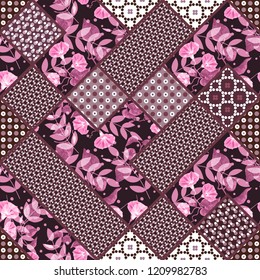 Vector abstract hand drawn seamless patchwork pattern with floral ornaments, stylized flowers, dots, plants and lace. Patchwork sewing