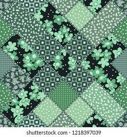 Vector abstract hand drawn seamless patchwork pattern with floral ornaments, stylized flowers, dots, plants and lace. Patchwork sewing