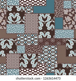 Vector abstract hand drawn seamless patchwork pattern with floral ornaments, stylized flowers, dots, plants and lace. Patchwork sewing