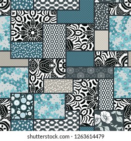 Vector abstract hand drawn seamless patchwork pattern with floral ornaments, stylized flowers, dots, plants and lace. Patchwork sewing