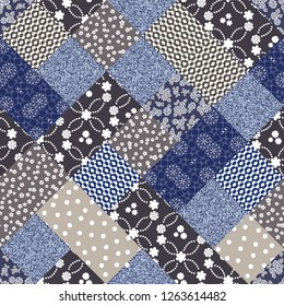 Vector abstract hand drawn seamless patchwork pattern with floral ornaments, stylized flowers, dots, plants and lace. Patchwork sewing