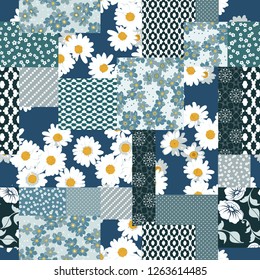 Vector abstract hand drawn seamless patchwork pattern with floral ornaments, stylized flowers, dots, plants and lace. Patchwork sewing