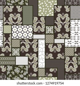 Vector abstract hand drawn seamless patchwork pattern with floral ornaments, stylized flowers, dots, plants and lace. Patchwork sewing