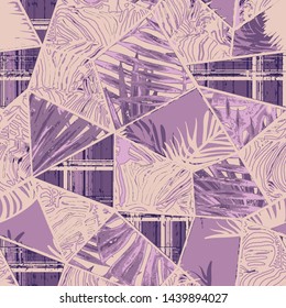 Vector abstract hand drawn seamless patchwork pattern with tropical leafs ,  floral ornaments, stylized flowers, plaid plants and triangles .  Patchwork sewing
