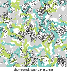 Vector abstract hand drawn seamless pattern. Texture background, green, grey and black colored shapes and lines.