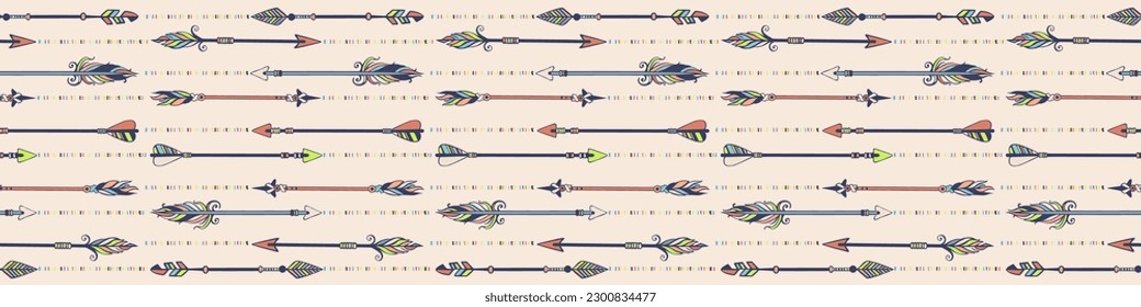 Vector abstract hand drawn seamless pattern with arrows in tender colors. Boho style ornament with simple arrows with feathers. Doodle and tribal style. Seamless background illustration