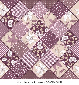 Vector abstract hand drawn seamless patchwork pattern with floral ornaments, stylized flowers, dots, plants and lace. Vintage boho style.