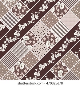 Vector abstract hand drawn seamless patchwork pattern with floral ornaments, stylized flowers, dots, plants and lace. Vintage boho style.