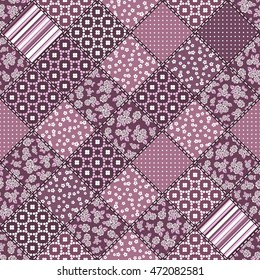 Vector abstract hand drawn seamless patchwork pattern with floral ornaments, stylized flowers, dots, plants and lace. Vintage boho style.