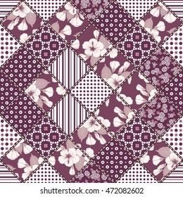 Vector abstract hand drawn seamless patchwork pattern with floral ornaments, stylized flowers, dots, plants and lace. Vintage boho style.