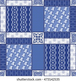 Vector abstract hand drawn seamless patchwork pattern with floral ornaments, stylized flowers, dots, plants and lace. Vintage boho style.