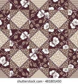 Vector abstract hand drawn seamless patchwork pattern with floral ornaments, stylized flowers, dots, plants and lace. Vintage boho style.