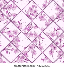 Vector abstract hand drawn seamless patchwork pattern with floral ornaments, stylized flowers, dots, plants and lace. Vintage boho style.