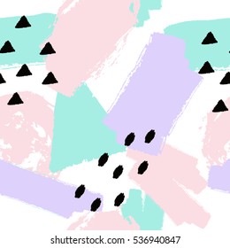 Vector abstract hand drawn seamless pattern with geometric and brush painted elements. Textured background with gold glitter and pastel colors. Poster, card, textile, wallpaper template