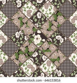 Vector abstract hand drawn seamless patchwork pattern with floral ornaments, stylized flowers, dots, plants and lace. Vintage boho style.
