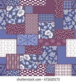Vector abstract hand drawn seamless patchwork pattern with floral ornaments, stylized flowers, dots, plants and lace. Vintage boho style.