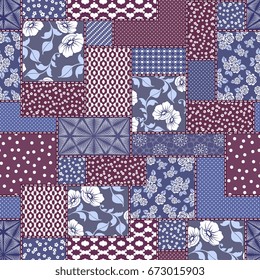 Vector abstract hand drawn seamless patchwork pattern with floral ornaments, stylized flowers, dots, plants and lace. Vintage boho style.