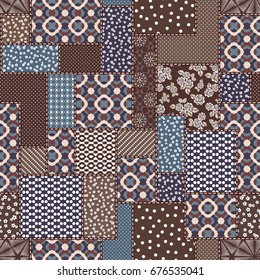Vector abstract hand drawn seamless patchwork pattern with floral ornaments, stylized flowers, dots, plants and lace. Vintage boho style.