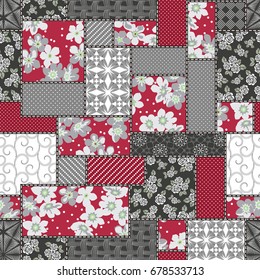 Vector abstract hand drawn seamless patchwork pattern with floral ornaments, stylized flowers, dots, plants and lace. Vintage boho style.