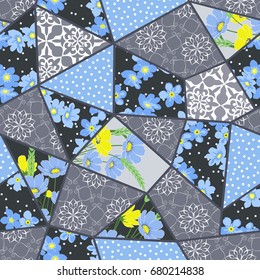 Vector abstract hand drawn seamless patchwork pattern with floral ornaments, stylized flowers, dots, plants and lace. Vintage boho style.