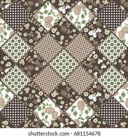 Vector abstract hand drawn seamless patchwork pattern with floral ornaments, stylized flowers, dots, plants and lace. Vintage boho style.