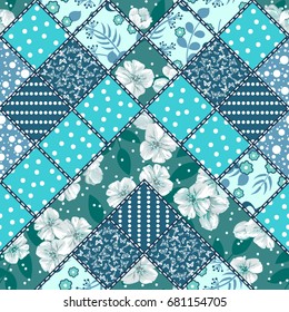 Vector abstract hand drawn seamless patchwork pattern with floral ornaments, stylized flowers, dots, plants and lace. Vintage boho style.