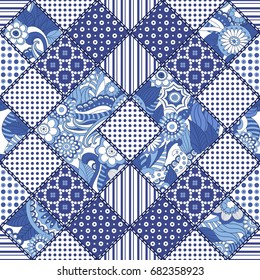 Vector abstract hand drawn seamless patchwork pattern with floral ornaments, stylized flowers, dots, plants and lace. Vintage boho style.
