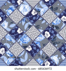 Vector abstract hand drawn seamless patchwork pattern with floral ornaments, stylized flowers, dots, plants and lace. Vintage boho style.