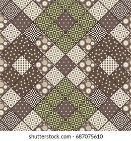 Vector abstract hand drawn seamless patchwork pattern with floral ornaments, stylized flowers, dots, plants and lace. Vintage boho style.