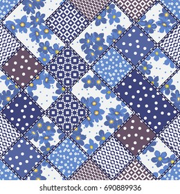 Vector abstract hand drawn seamless patchwork pattern with floral ornaments, stylized flowers, dots, plants and lace. Vintage boho style.