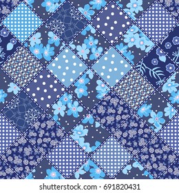 Vector abstract hand drawn seamless patchwork pattern with floral ornaments, stylized flowers, dots, plants and lace. Vintage boho style.