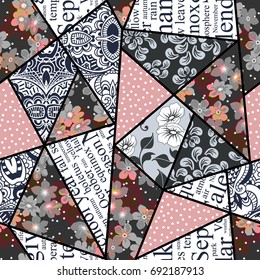 Vector abstract hand drawn seamless patchwork pattern with floral ornaments, stylized flowers, dots, plants and lace. Vintage boho style.