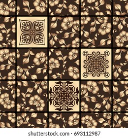Vector abstract hand drawn seamless patchwork pattern with floral ornaments, stylized flowers, dots, plants and lace. Vintage boho style.