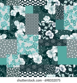 Vector abstract hand drawn seamless patchwork pattern with floral ornaments, stylized flowers, dots, plants and lace. Vintage boho style.