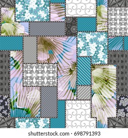 Vector abstract hand drawn seamless patchwork pattern with floral ornaments, stylized flowers, dots, plants and lace. Vintage boho style.