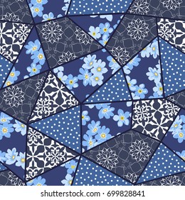 Vector abstract hand drawn seamless patchwork pattern with floral ornaments, stylized flowers, dots, plants and lace. Vintage boho style.