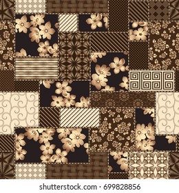 Vector abstract hand drawn seamless patchwork pattern with floral ornaments, stylized flowers, dots, plants and lace. Vintage boho style.