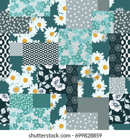 Vector abstract hand drawn seamless patchwork pattern with floral ornaments, stylized flowers, dots, plants and lace. Vintage boho style.