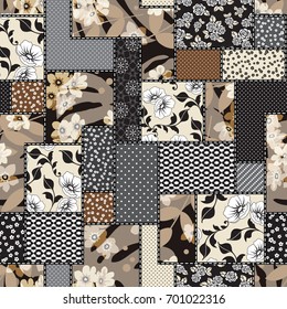 Vector abstract hand drawn seamless patchwork pattern with floral ornaments, stylized flowers, dots, plants and lace.