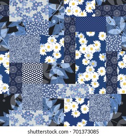 Vector abstract hand drawn seamless patchwork pattern with floral ornaments, stylized flowers, dots, plants and lace. Vintage boho style.