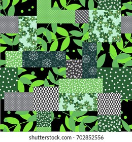 Vector abstract hand drawn seamless patchwork pattern with floral ornaments, stylized flowers, dots, plants and lace. Vintage boho style.