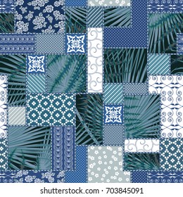 Vector abstract hand drawn seamless patchwork pattern with floral ornaments, stylized flowers, dots, plants and lace. Vintage boho style.