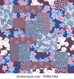 Vector abstract hand drawn seamless patchwork pattern with floral ornaments, stylized flowers, dots, plants and lace. Vintage boho style.