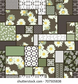 Vector abstract hand drawn seamless patchwork pattern with floral ornaments, stylized flowers, dots, plants and lace. Vintage boho style.