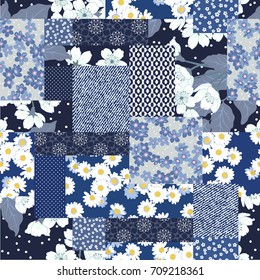 Vector abstract hand drawn seamless patchwork pattern with floral ornaments, stylized flowers, dots, plants and lace. Vintage boho style.