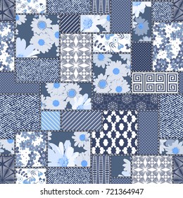 Vector abstract hand drawn seamless patchwork pattern with floral ornaments, stylized flowers, dots, plants and lace. Vintage boho style.
